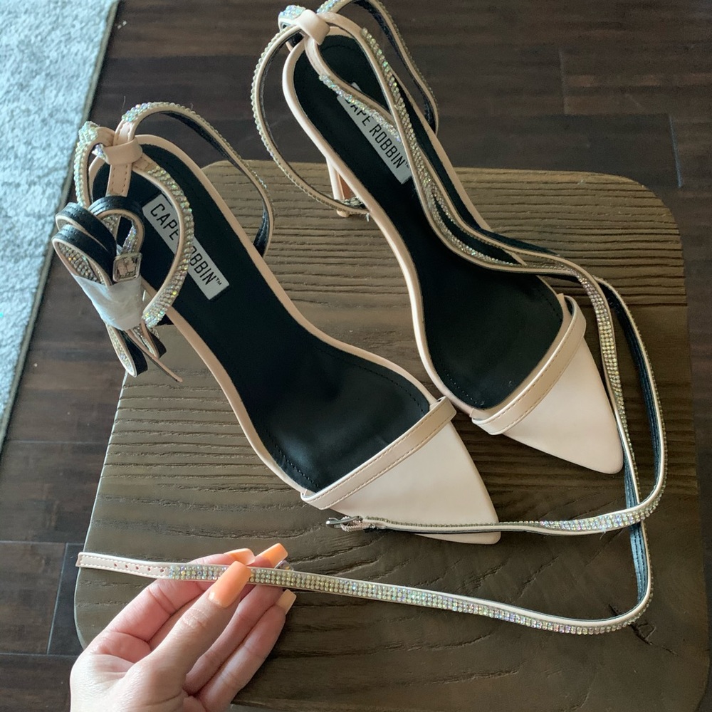 Faux Leather Crystals Ankle Wrap Point Toe Heels